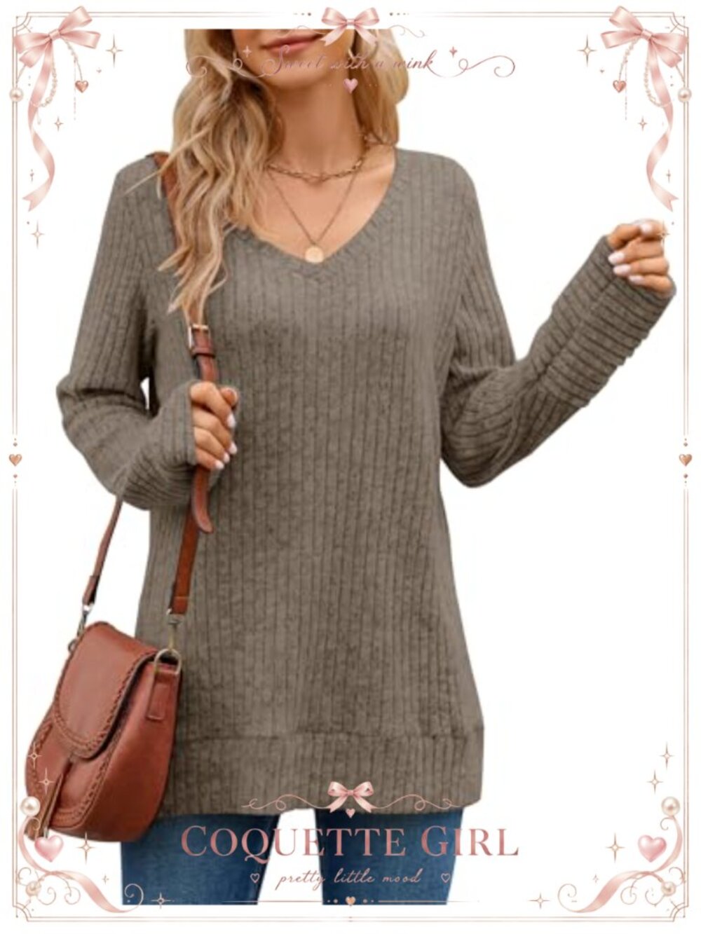 Womens Long Sleeve V Neck Tunic Top Casual Loose Fit Pullover Sweater